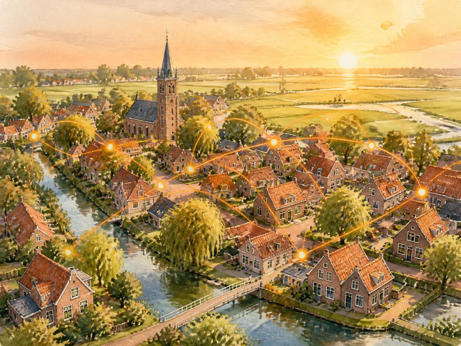Illustratie van een Nederlands dorp met verbonden huizen